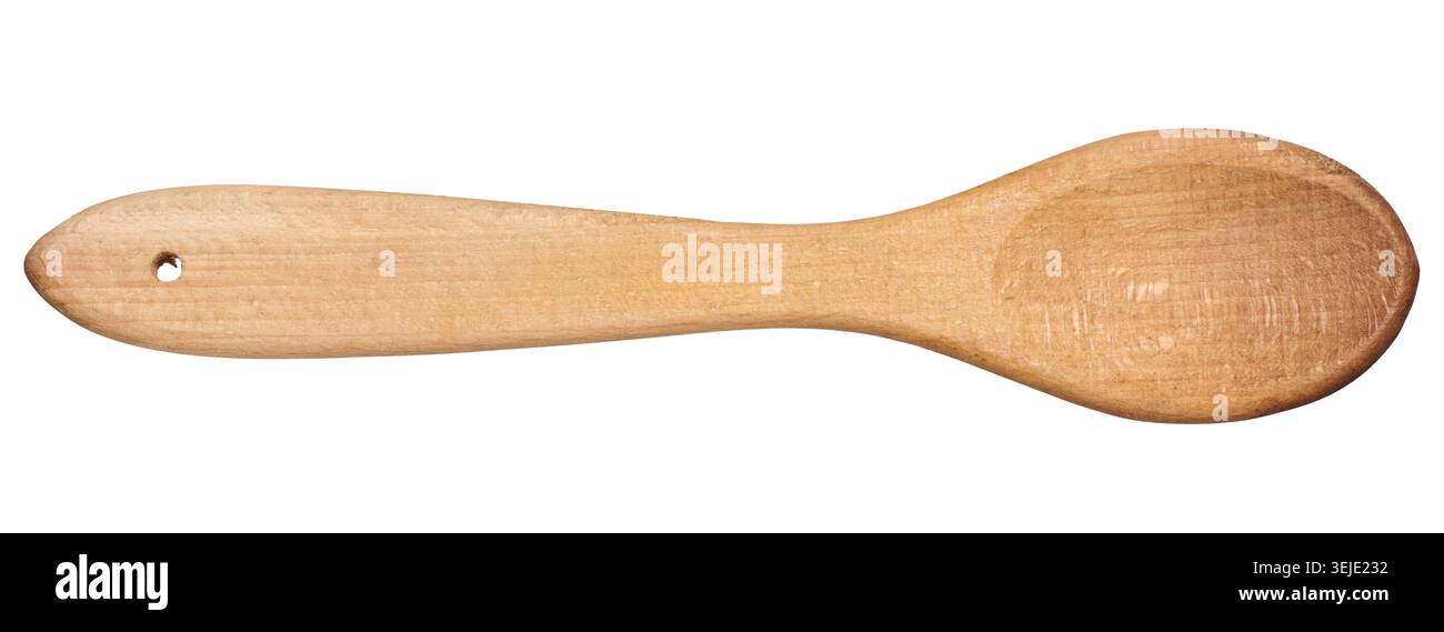 Wooden empty spoon with long handle on isolated background, top view Stock Photo