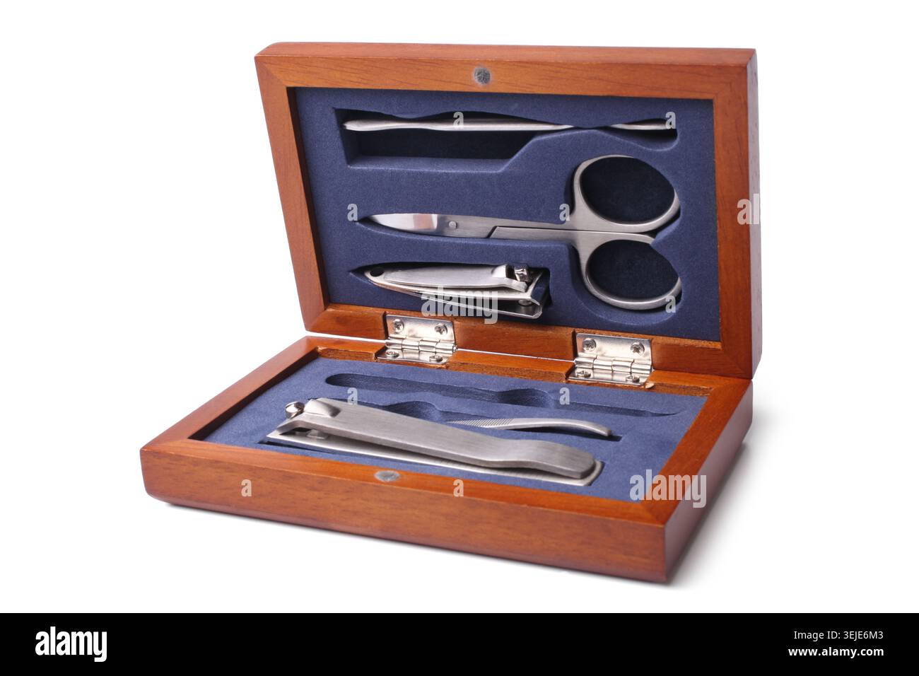 Manicure set in open wooden case Stock Photo