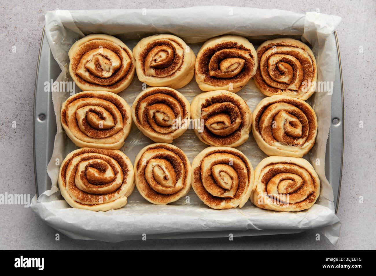 Delicious cinnamon rolls prepared for baking in a rectangular pan Stock Photo