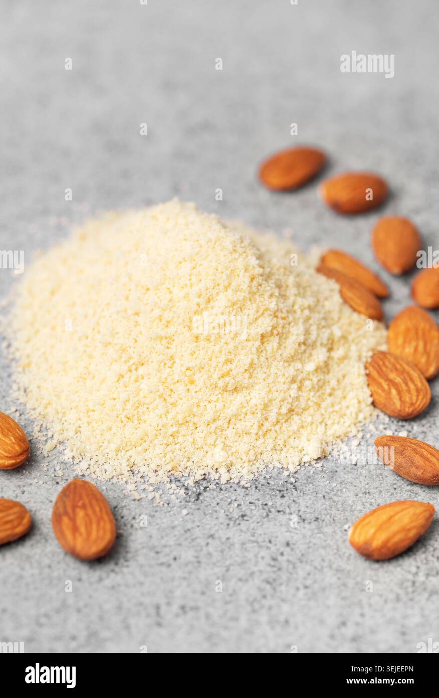 Fresh almond flour and almonds Stock Photo