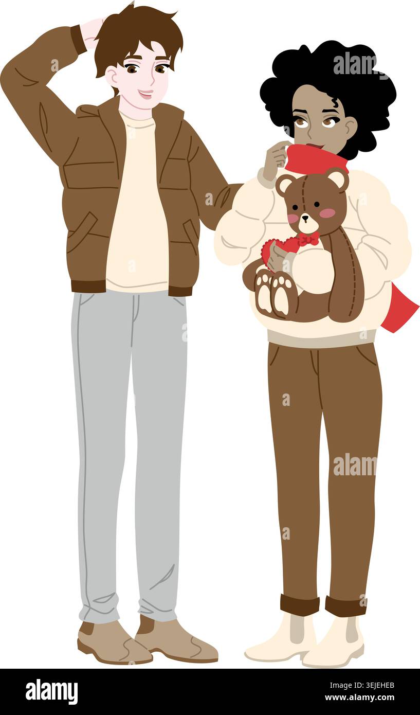 Multiracial Couple with Teddy Bear Flat Vector Illustration Stock Vector