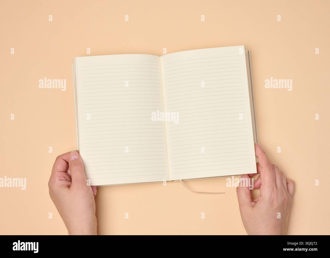 Hands hold a blank open notebook on a neutral background Stock Photo