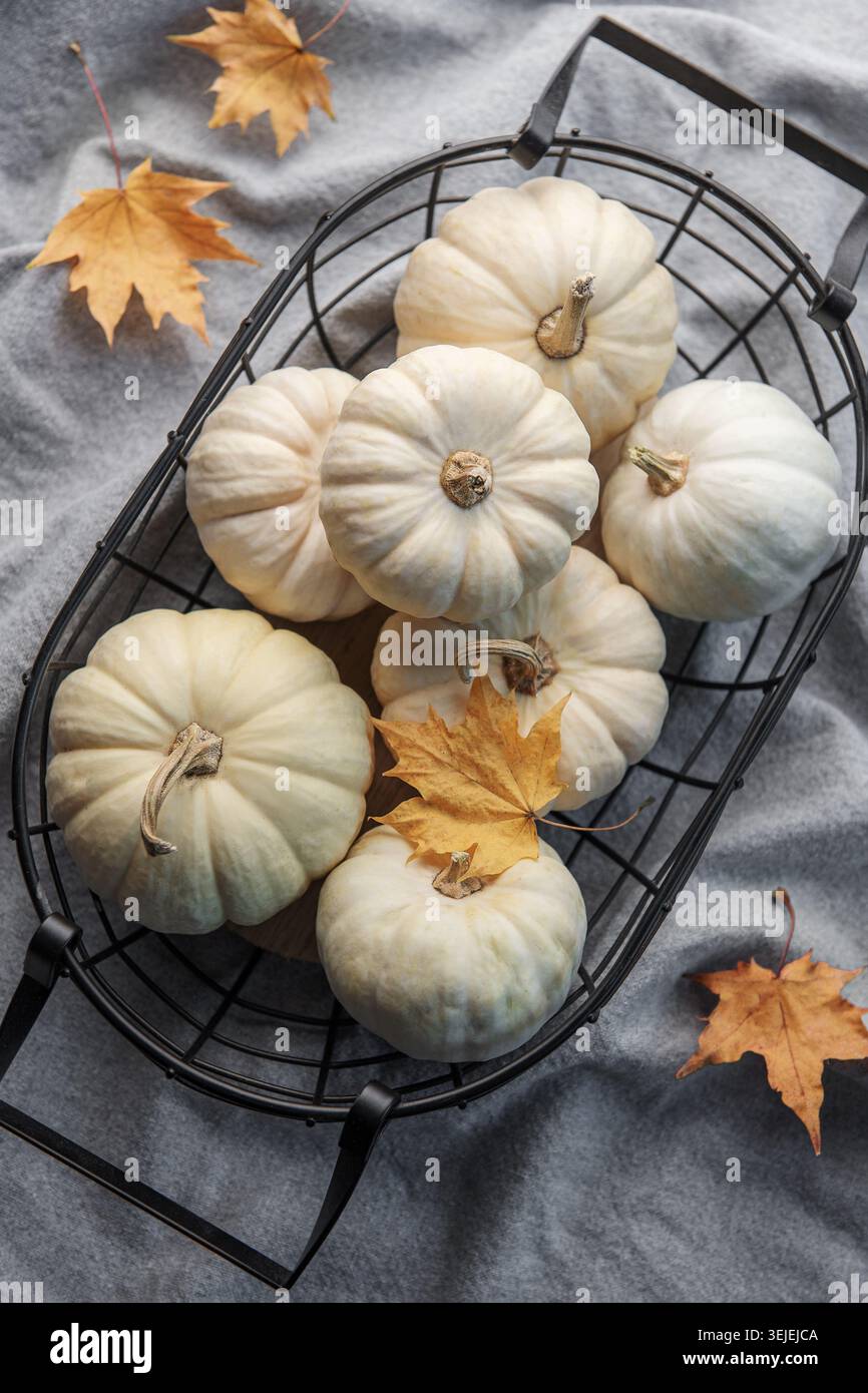 White pumpkins and autumn leaves in a metal basket. Autumn home decor. Stock Photo