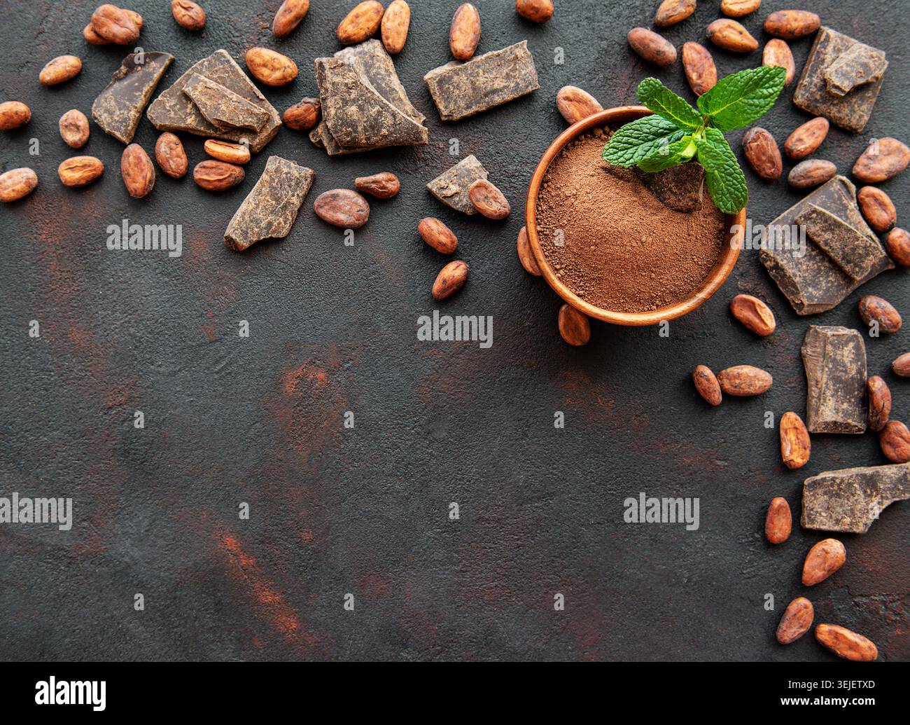 Cocoa powder and beans Stock Photo