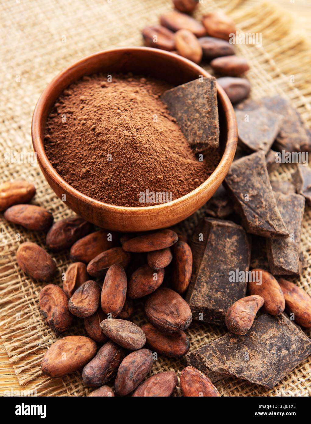 Cocoa powder and beans Stock Photo
