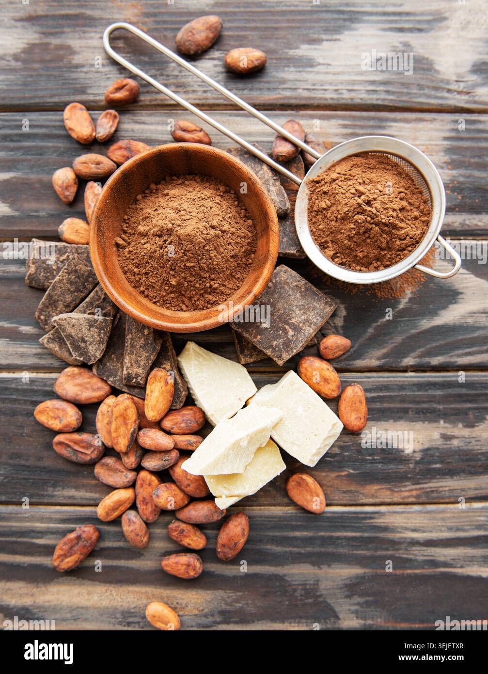 Cocoa powder and beans Stock Photo