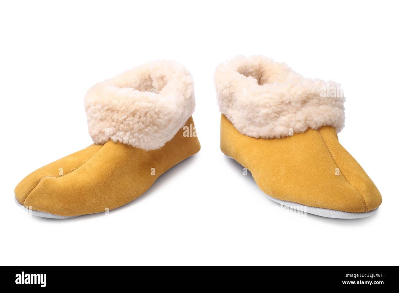 Handcrafted leather slippers with wool lining Stock Photo