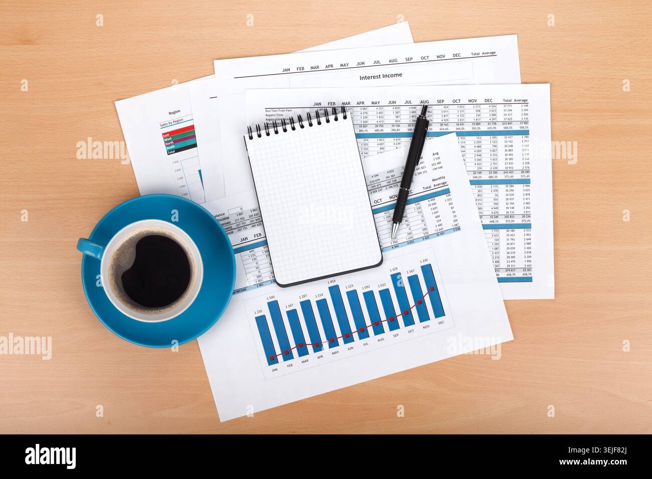 Blank notepad with pen and coffee cup Stock Photo