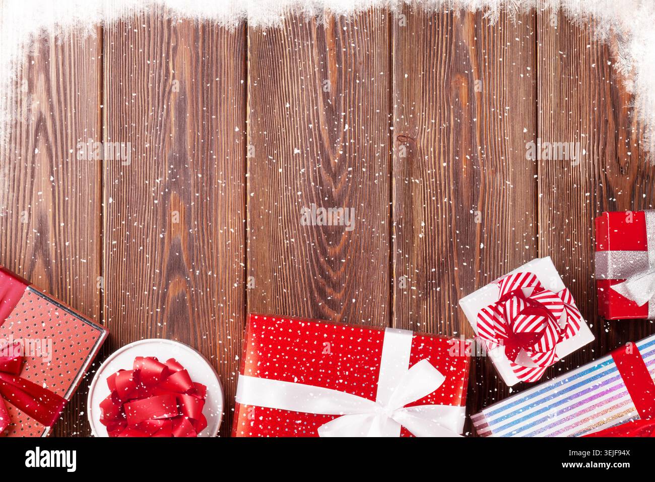 Gift boxes on wooden table Stock Photo