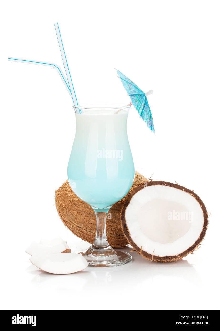 Blue hawaii cocktail and coconuts Stock Photo