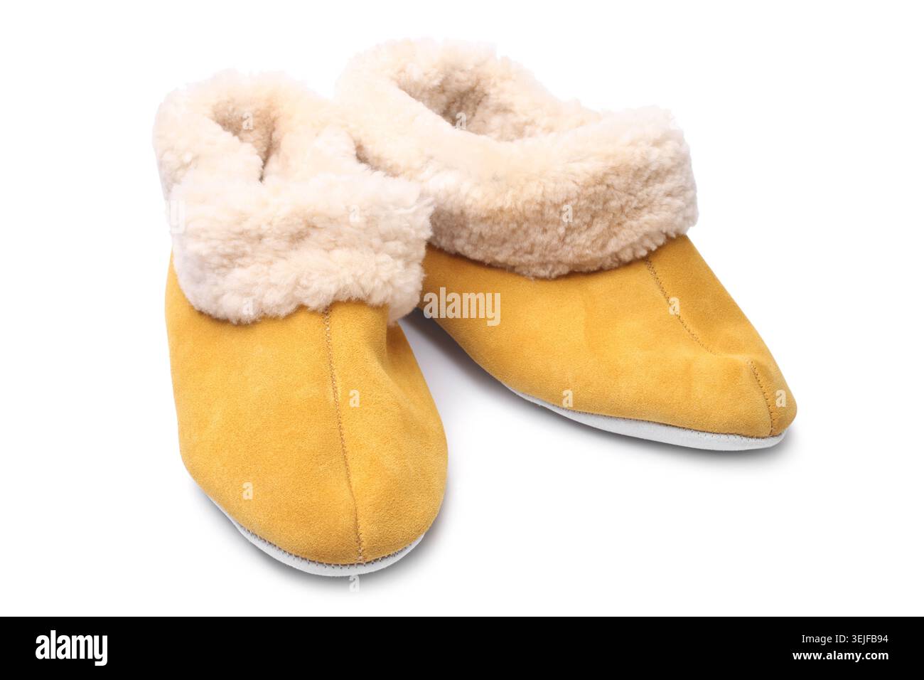 Handcrafted leather slippers with wool lining Stock Photo