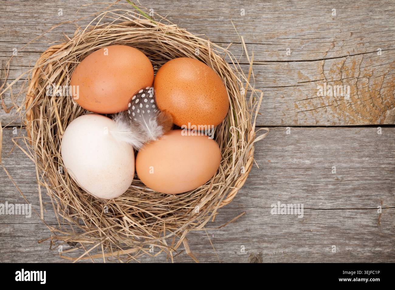 Eggs nest over wooden table background Stock Photo