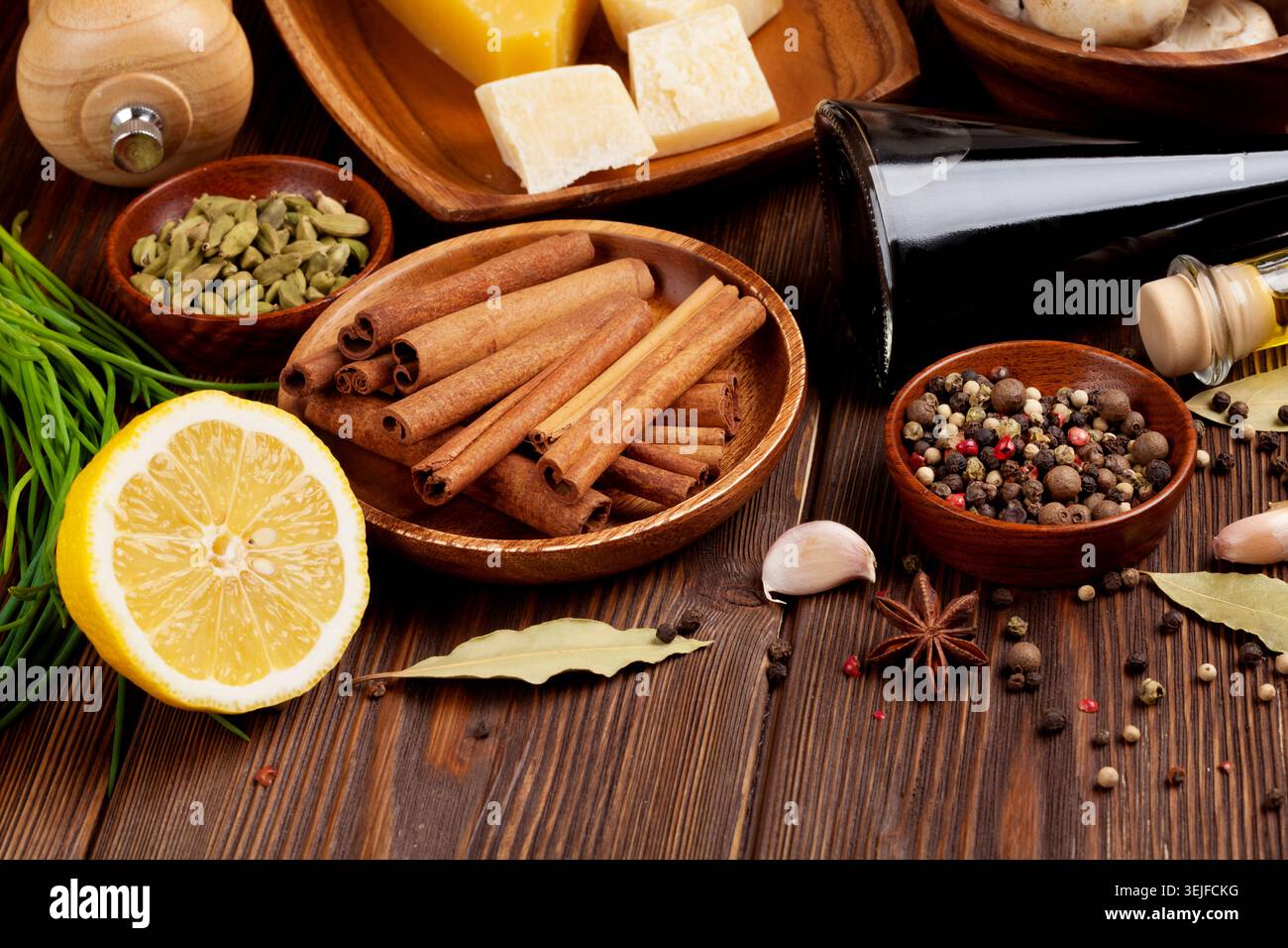 Various spices on wooden background Stock Photo