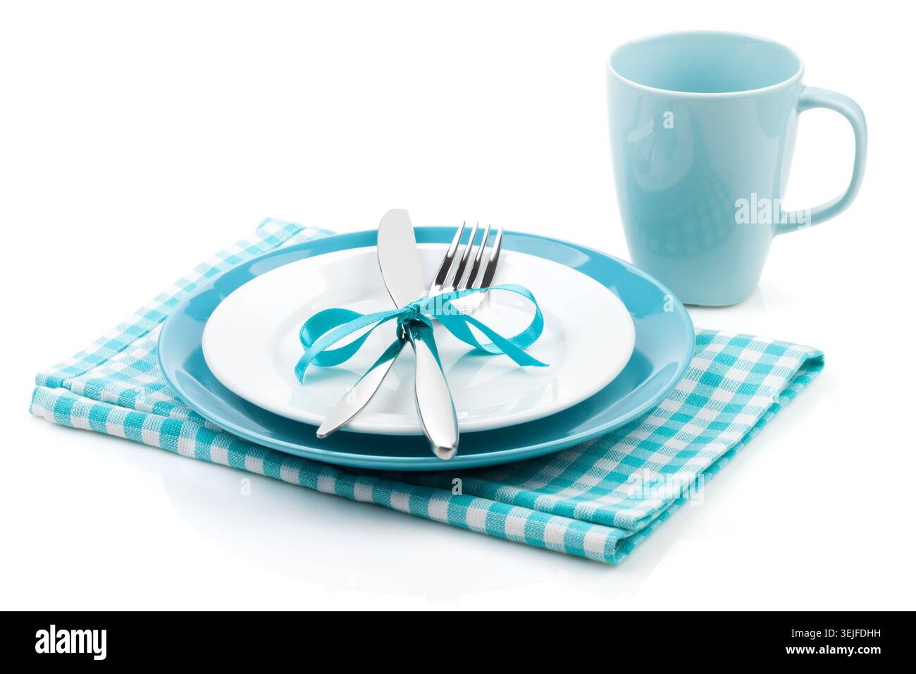 Fork with knife, blank plates and napkin Stock Photo