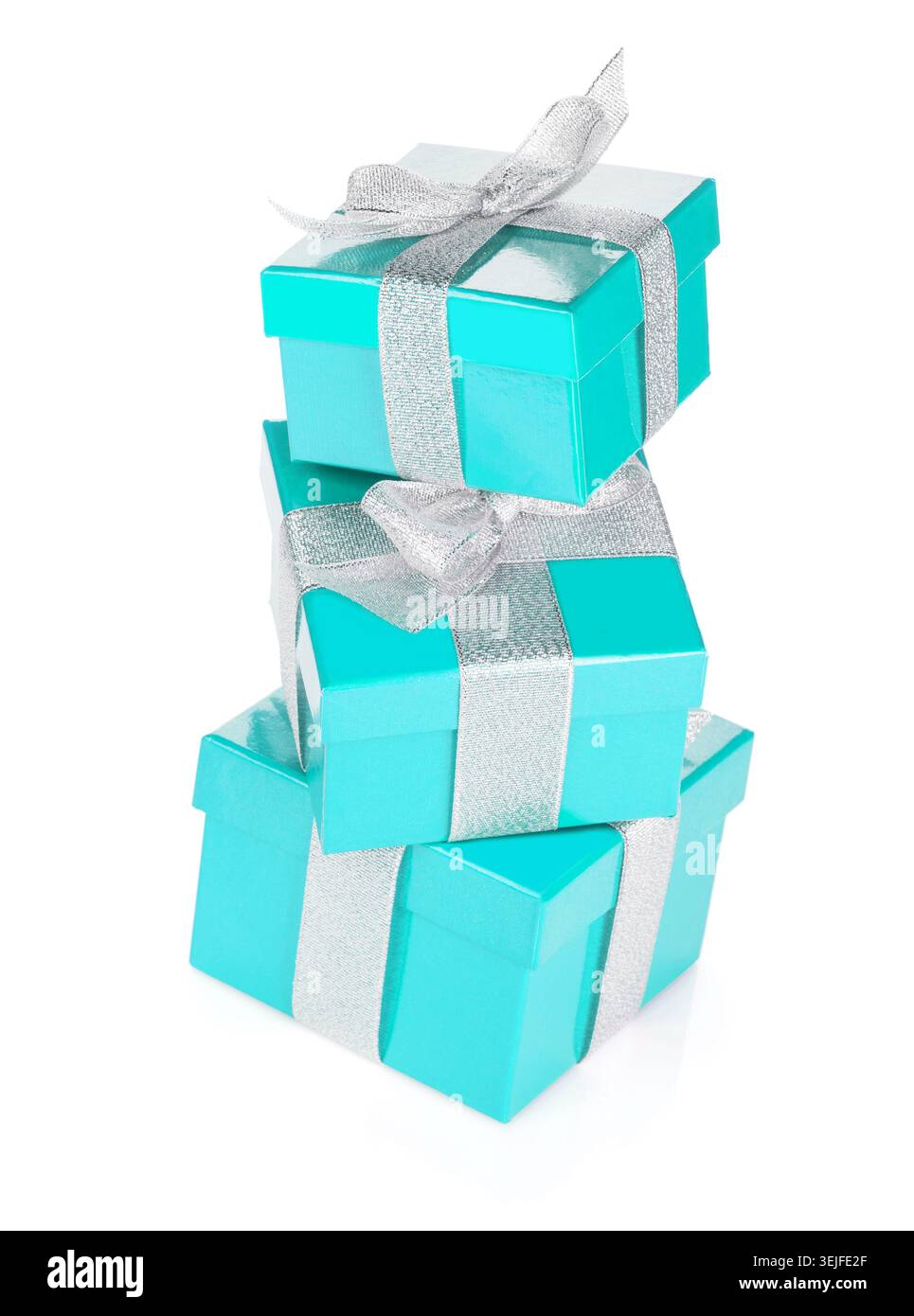 Three blue gift boxes with silver ribbon and bow Stock Photo
