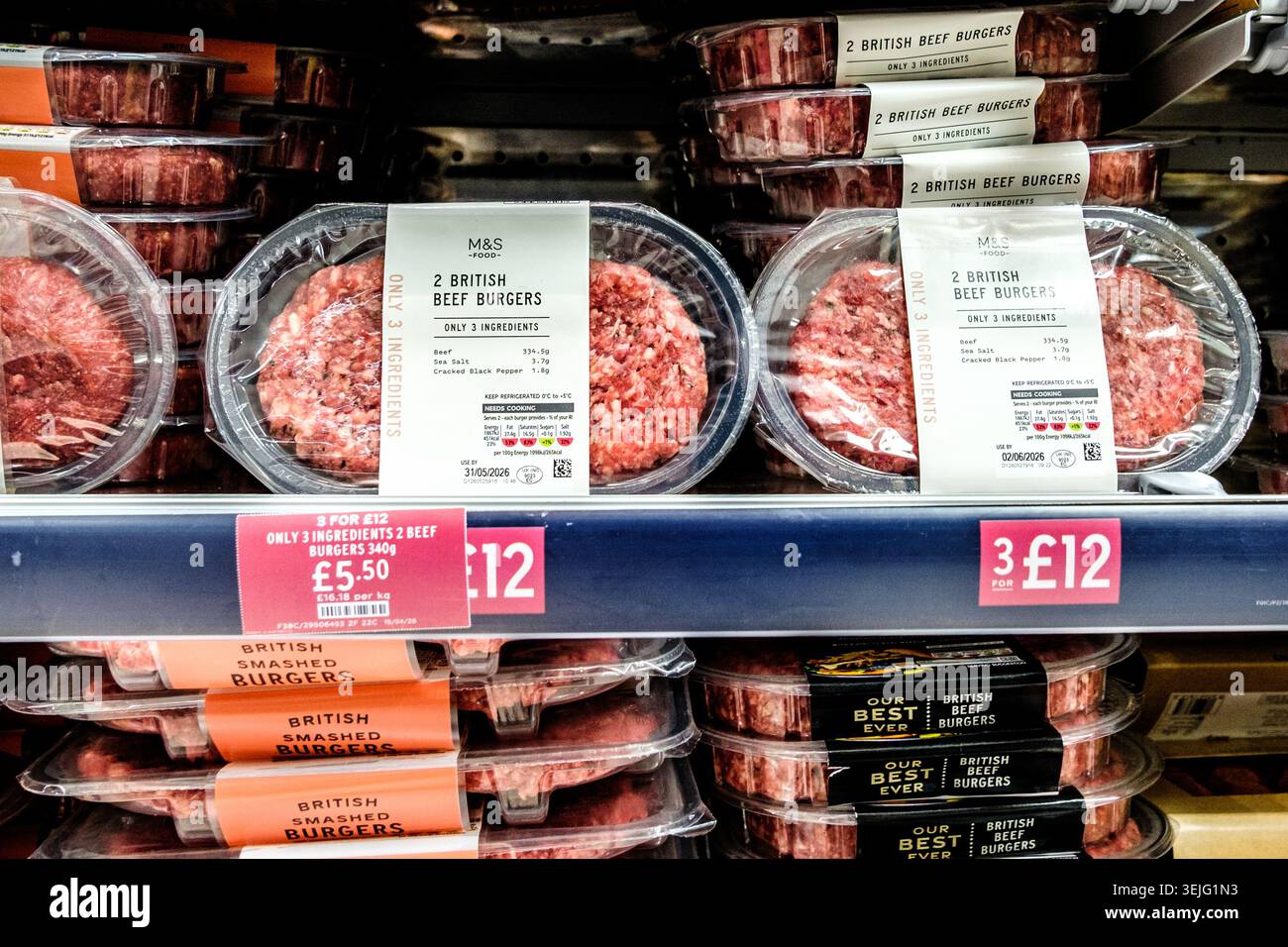 London, Epsom UK, May 29 2026, Packets of Raw British Beef Burgers Stock Photo