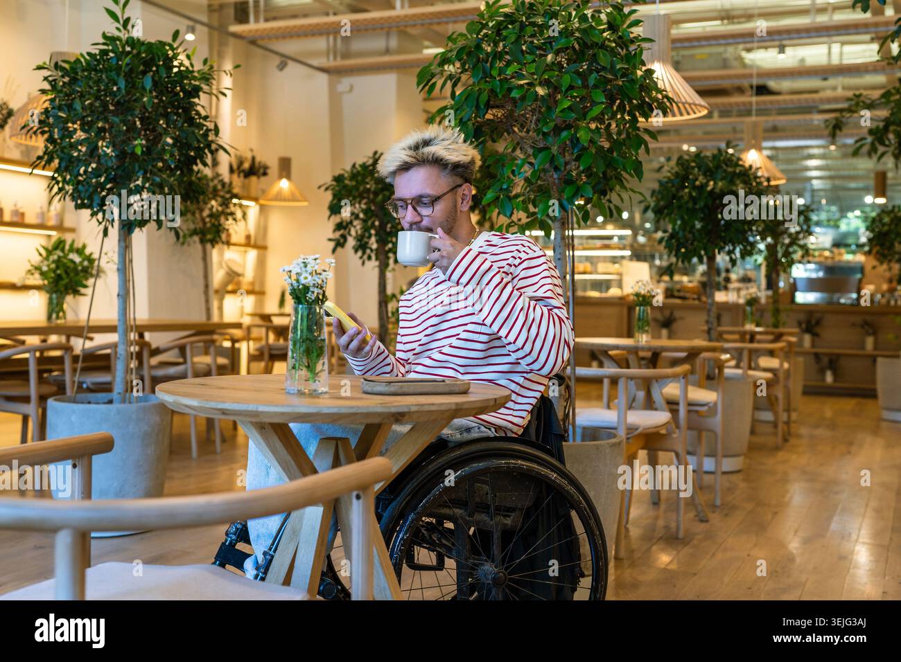 Thoughtful dreamy disabled man in wheelchair drinking coffee at cafe table, using mobile phone Stock Photo