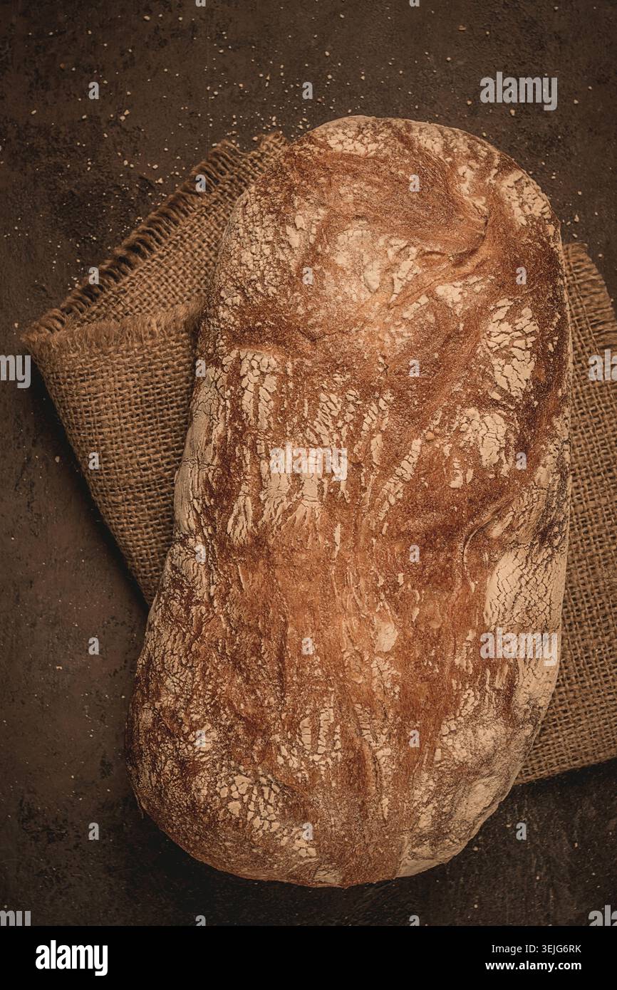 Fresh whole grain bread, rye, top view, without people, Stock Photo