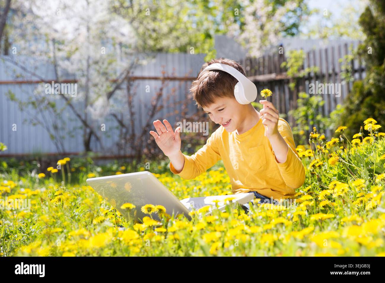 Homeschooling, distant learning. Chatting with Friends, Studying School Homework. Stock Photo