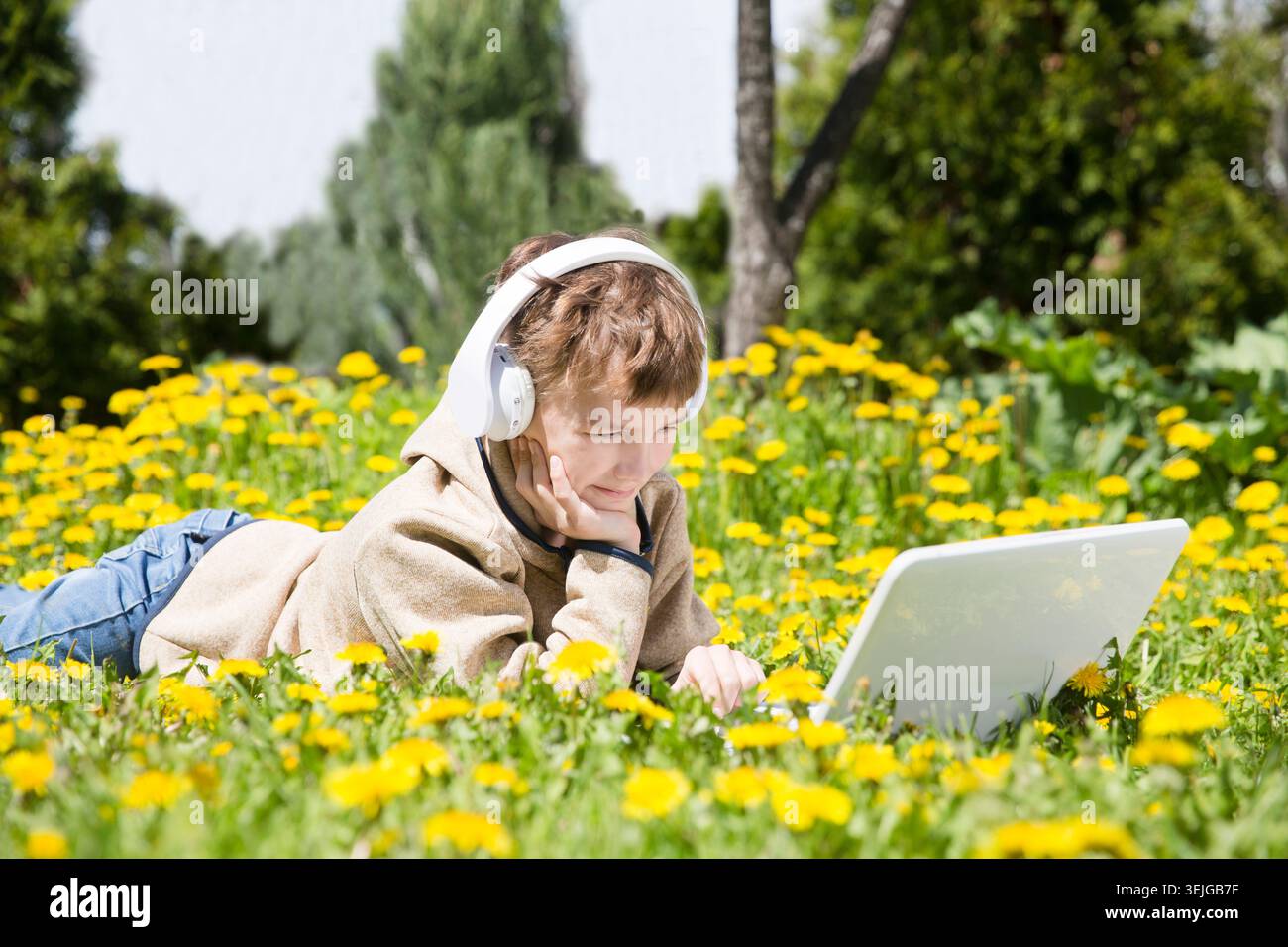 Homeschooling, distant learning. Chatting with Friends, Studying School Homework. Stock Photo