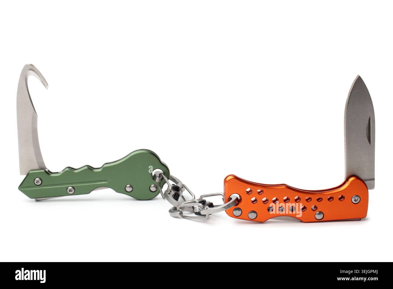 Keychain clasp knifes on white background Stock Photo
