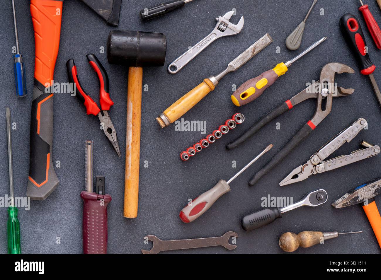 Set different Hand Tools Background. Professional DIY Equipment for household Stock Photo