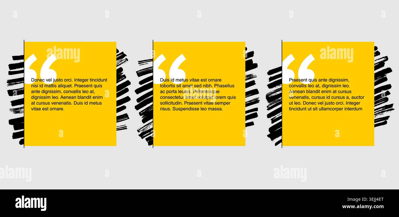 Quotes template in 3 variations - flat decorative text block. Creative yellow frames with brush strokes Stock Vector