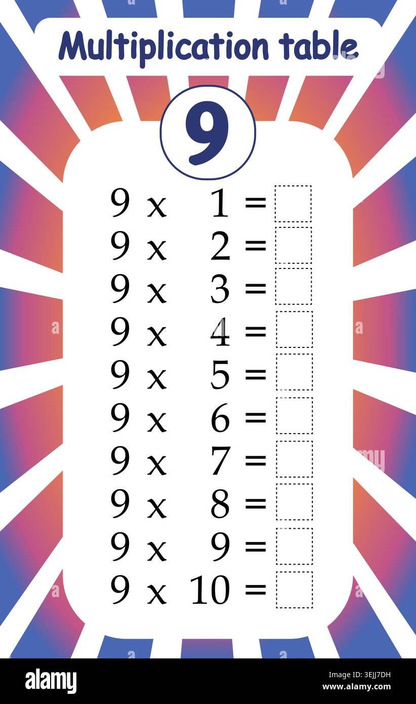 Multiplication Table for Number Nine Worksheet. Vector Stock Vector