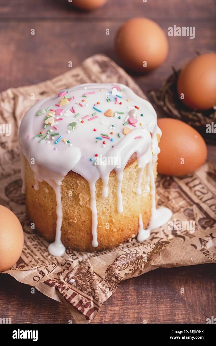 Easter Cake with eggs on wooden background Stock Photo