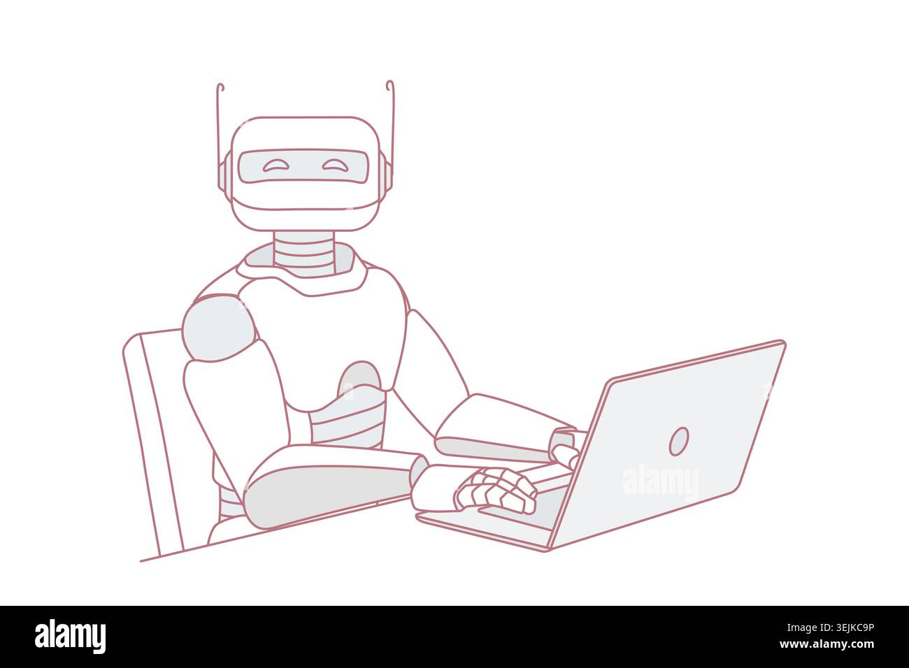 Robot working on laptop at desk Stock Photo