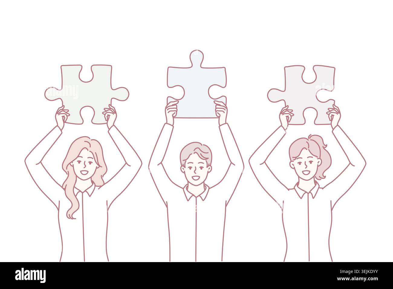Man and women employees startup demonstrate jigsaw puzzles to show team work. Vector image Stock Photo