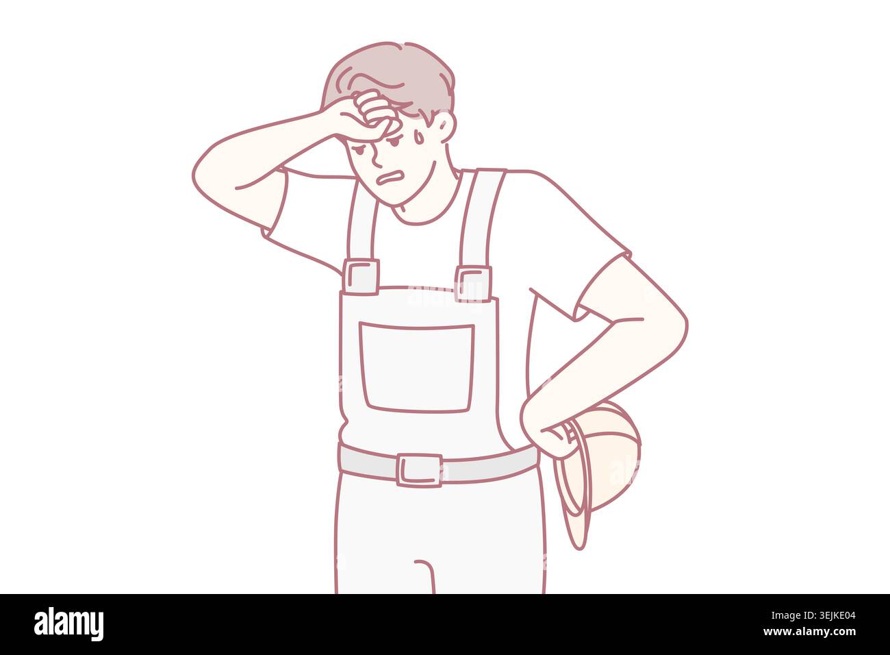 Tired sweaty man in construction uniform and safety helmet wiping forehead. Vector image Stock Photo