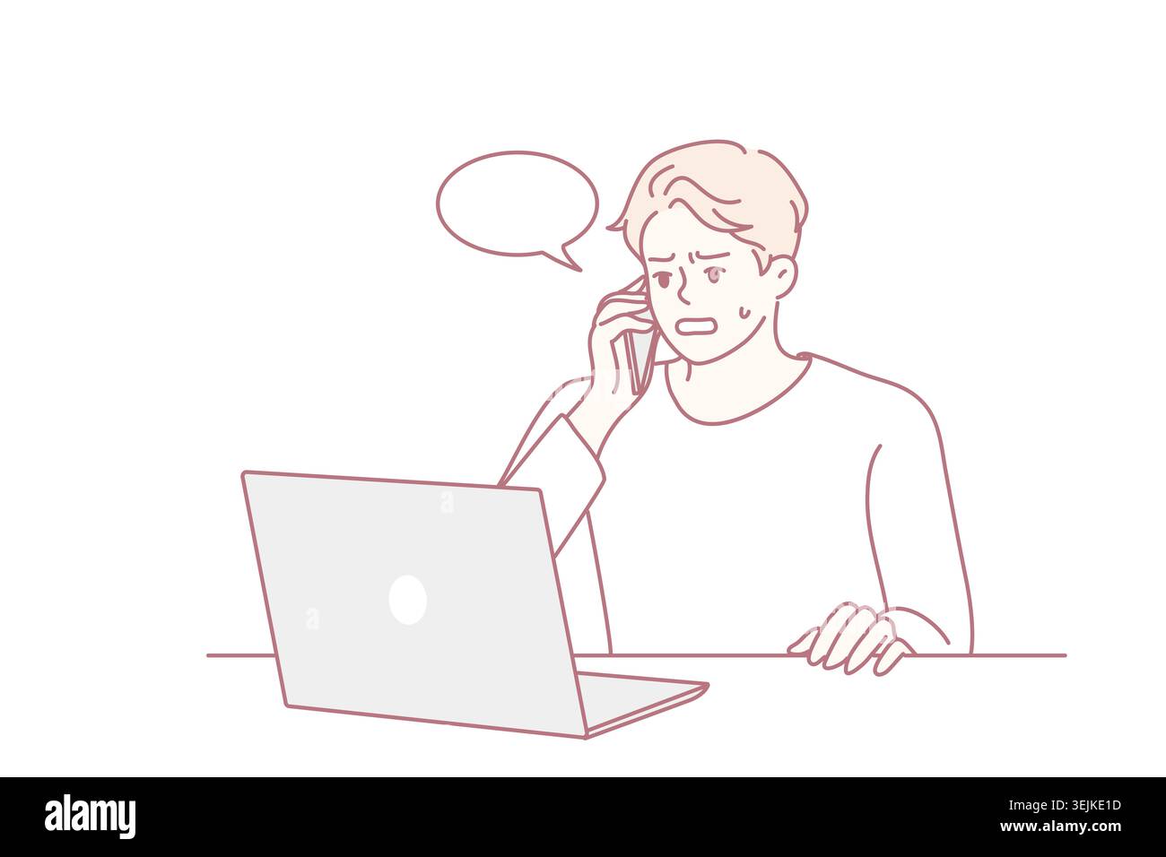 Unhappy man speak with helpline having computer problem Stock Photo