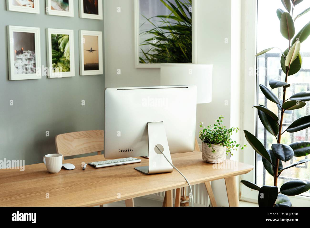 Work from home: cozy workplace for freelancer, programmer with computer, keyboard, mouse and plants Stock Photo