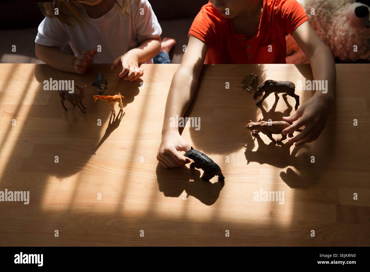 Kids brother and sister plays animal toys on a table in home. Stay home. Siblings Stock Photo