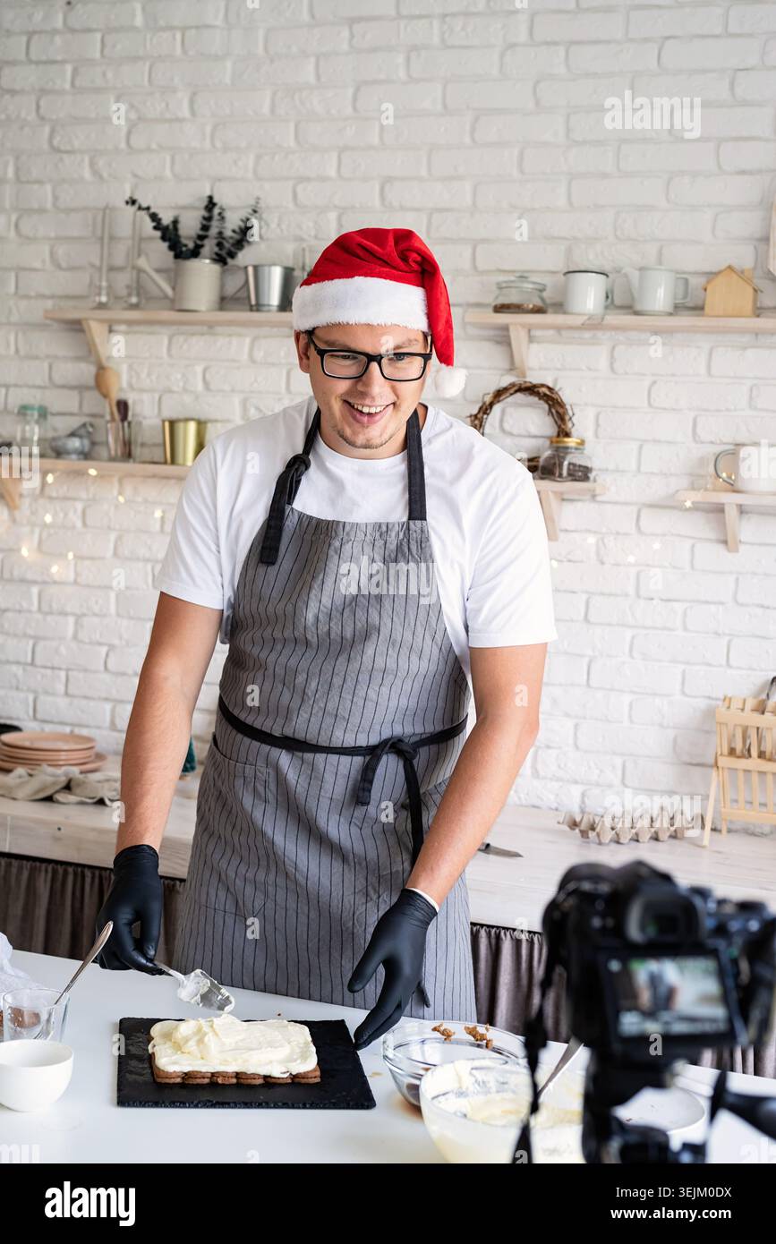 Chef cooking dessert making video for vlog Stock Photo
