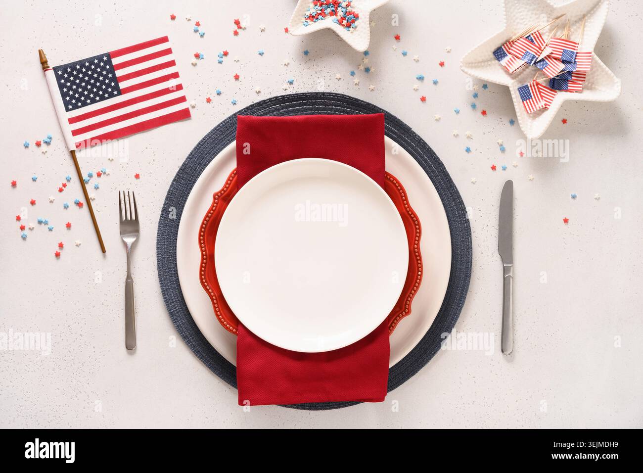 Table setting for Independence Day on white. Stock Photo