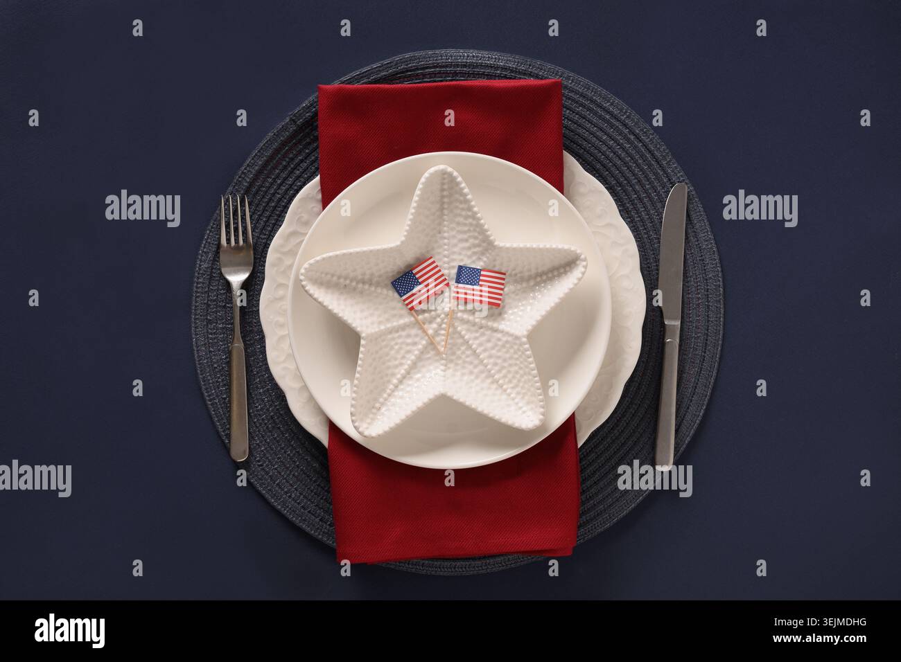 Table setting for Independence Day on blue. Stock Photo