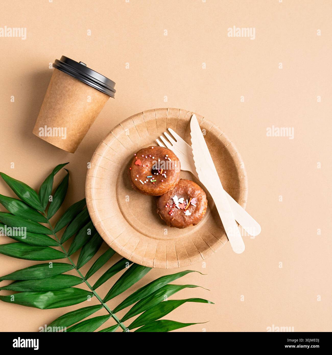 Eco friendly disposable tableware on brown background Stock Photo
