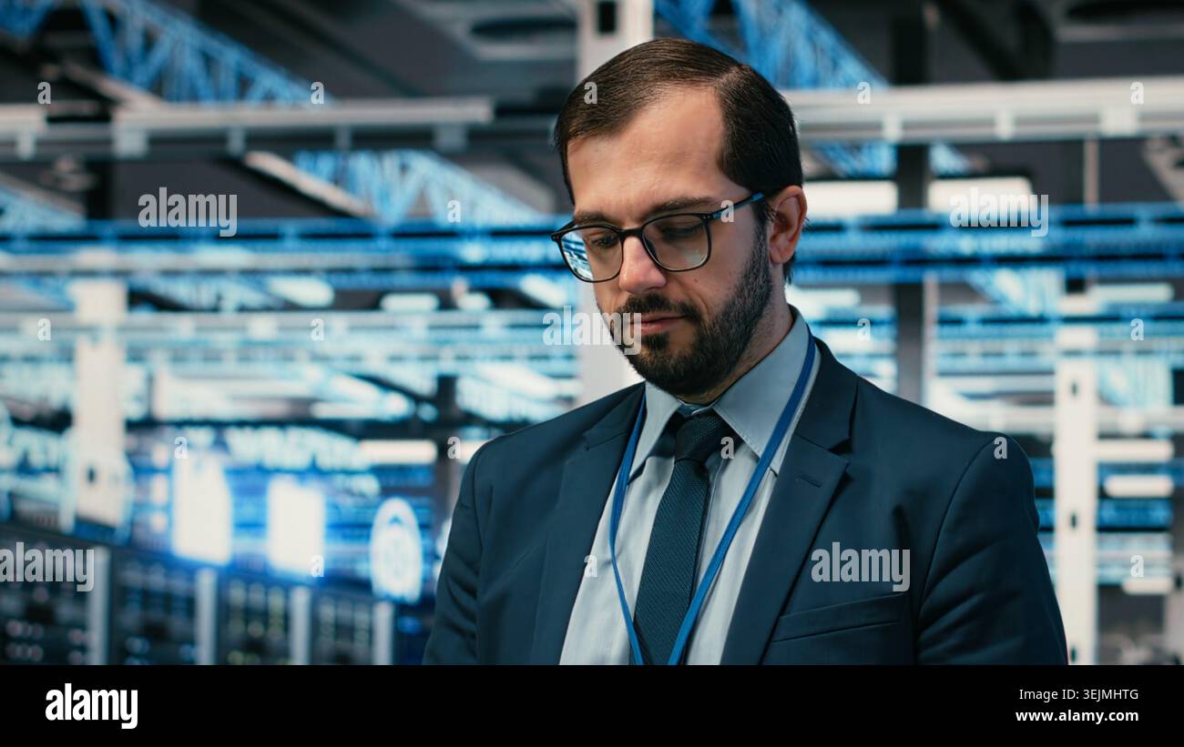 Monitoring system, AR simulation and engineer portrait in data center, identifying performance bottlenecks. Implementing optimizations, VFX compositing and worker in server farm using device, camera B Stock Photo