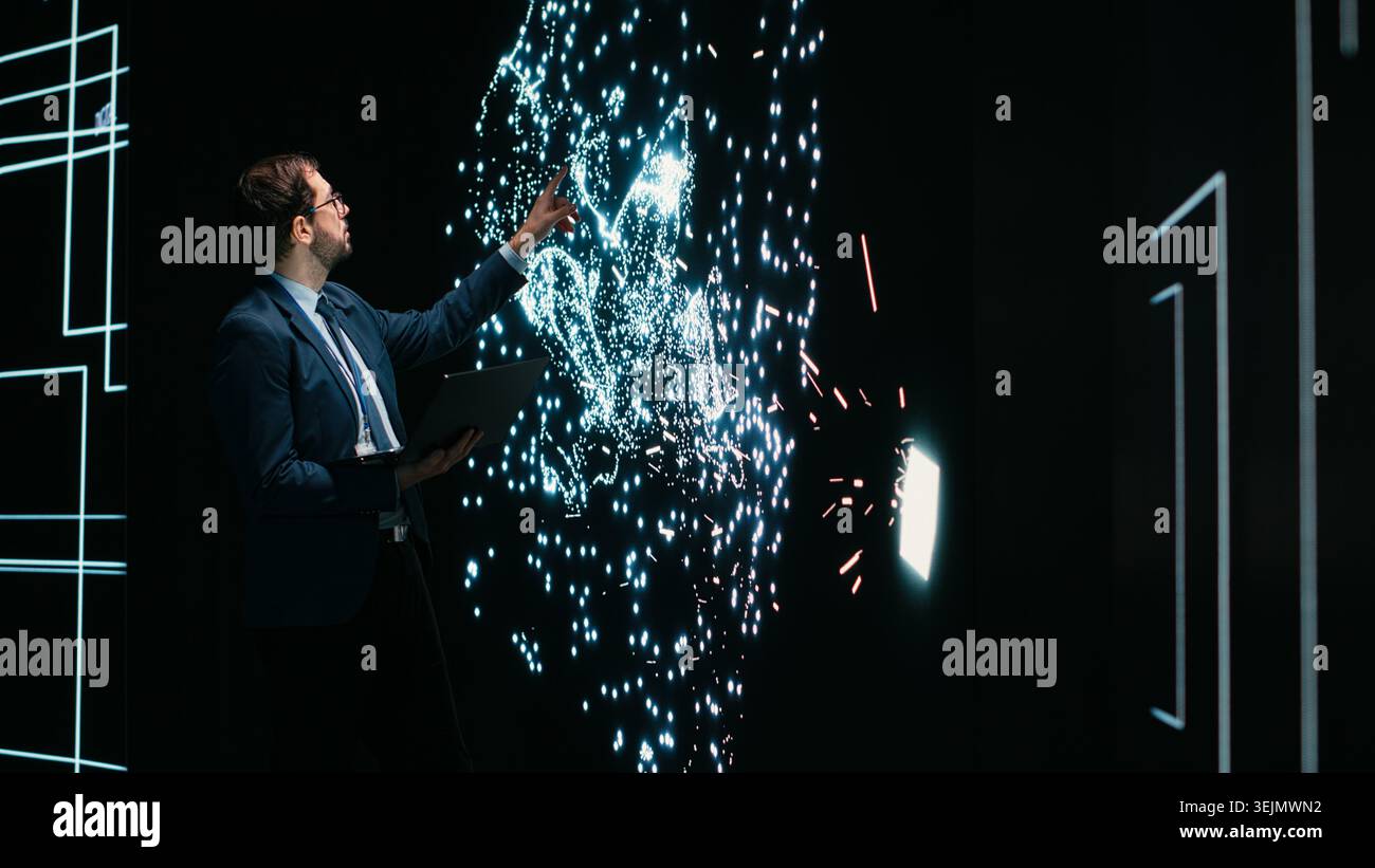Researcher optimizes AI deep learning model by adjusting parameters using AR technology. Tech startup software developer projecting neural network architecture to modify datasets Stock Photo