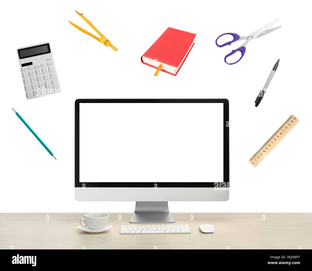 Web design tools flying around computer. Creative designer workspace Stock Photo