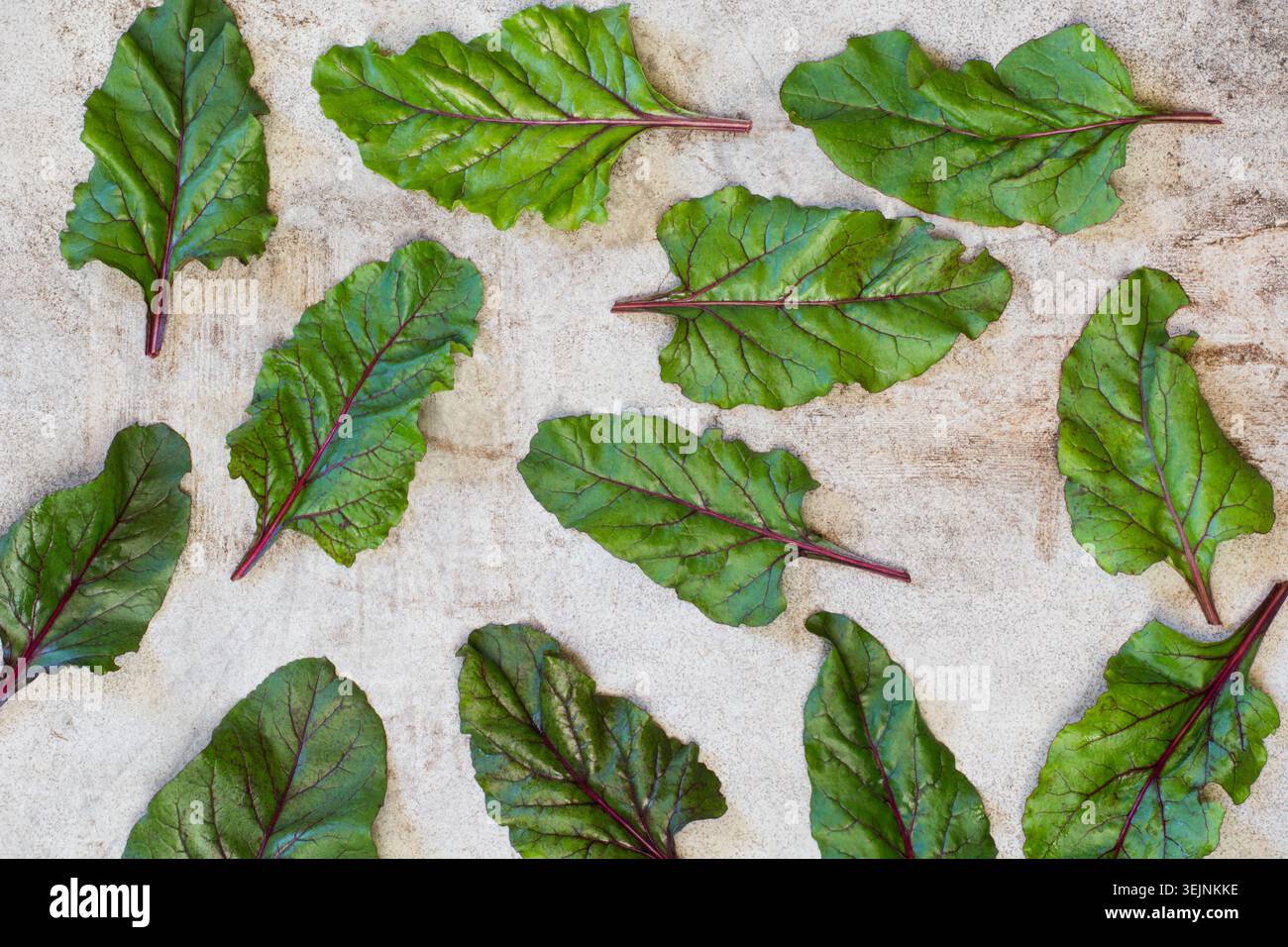 Raw beetroot leaves on board. Top view. Mangold. Stock Photo