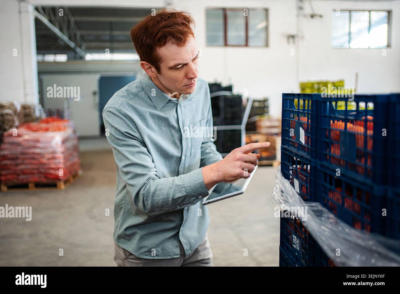 Warehouse worker checking inventory using digital tablet Stock Photo