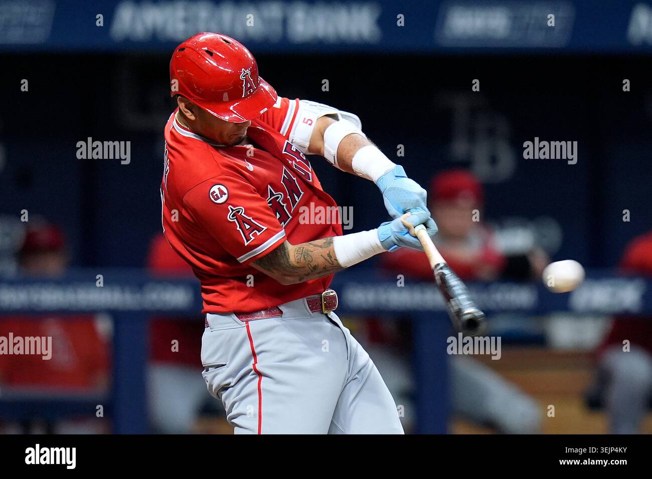 Los Angeles Angels' Vaughn Grissom (5) connects for an RBI single off ...