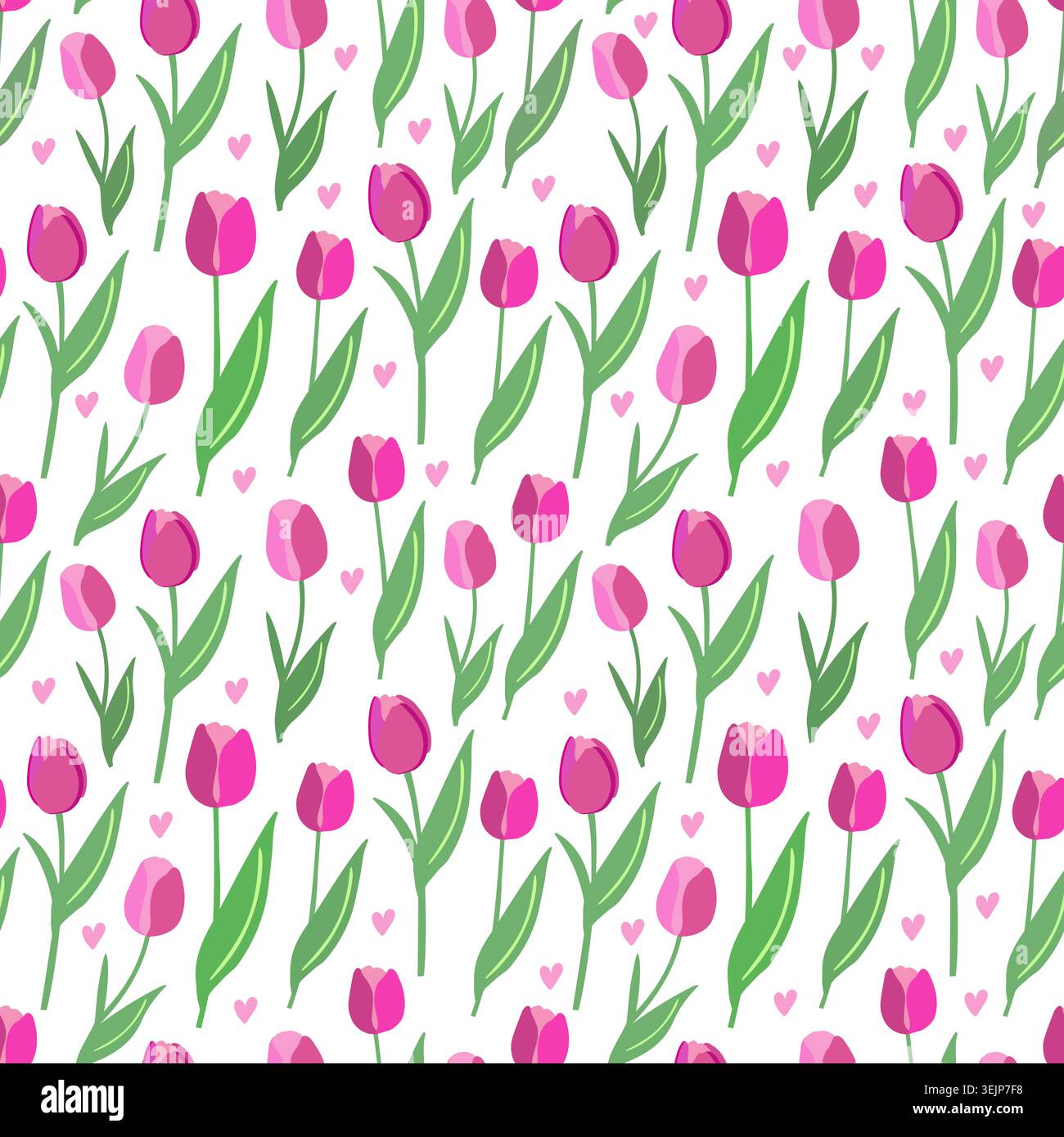 Pink tulips and tiny hearts seamless pattern on white background. Vector design. Stock Vector