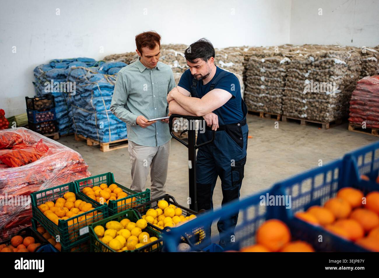 Warehouse manager discussing inventory with worker checking vegetables Stock Photo