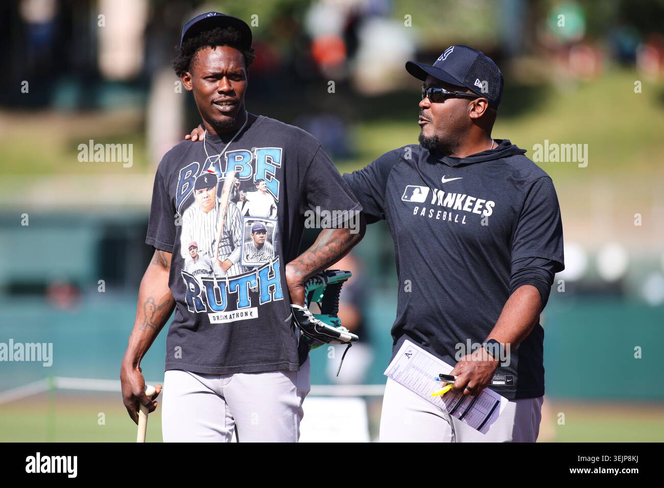 Rowson Mlb New York Yankees' Jazz Chisholm Jr., left, talks with hitting coach ...