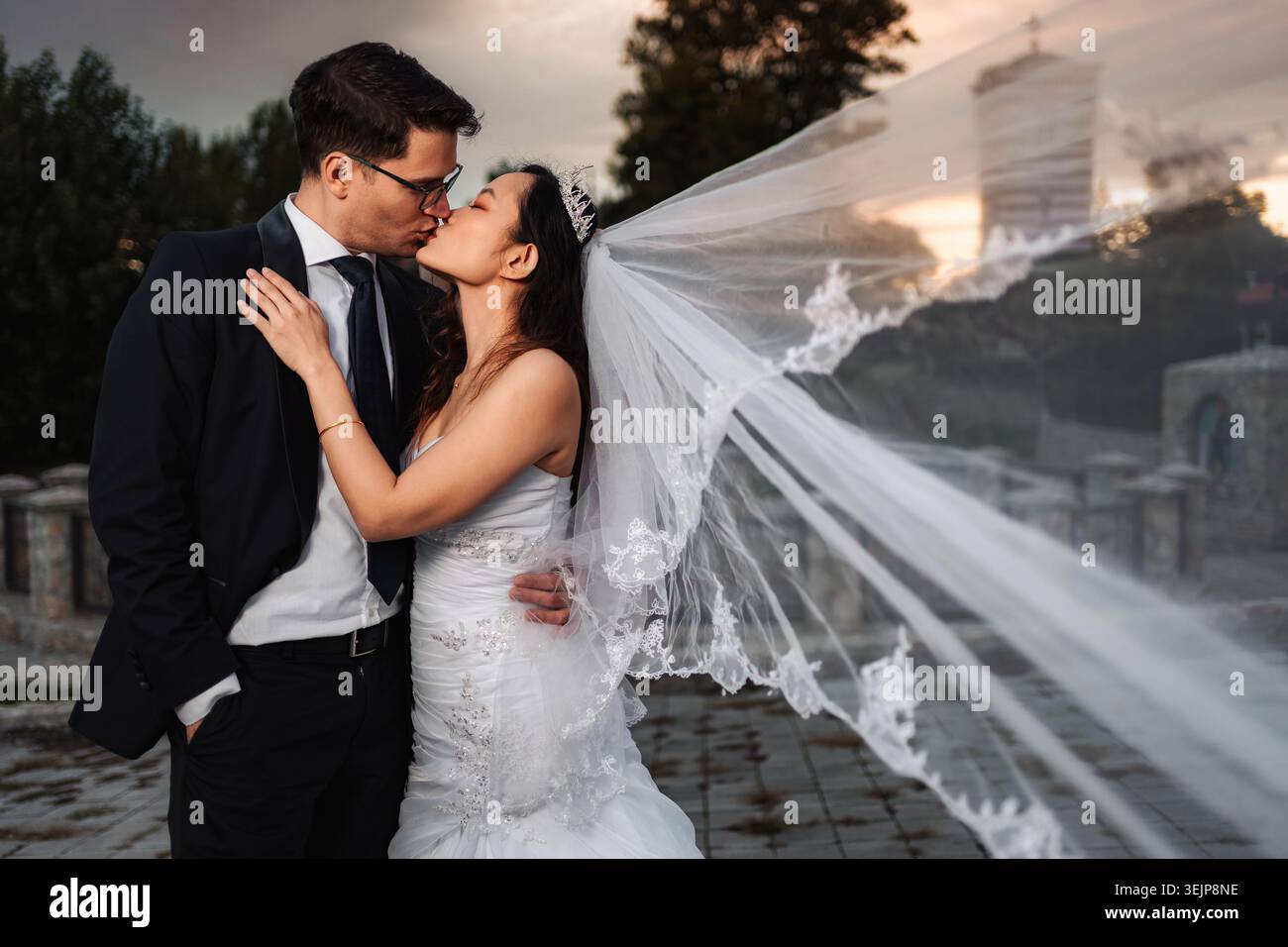 Interracial wedding couple kissing outdoors with flowing veil Stock Photo
