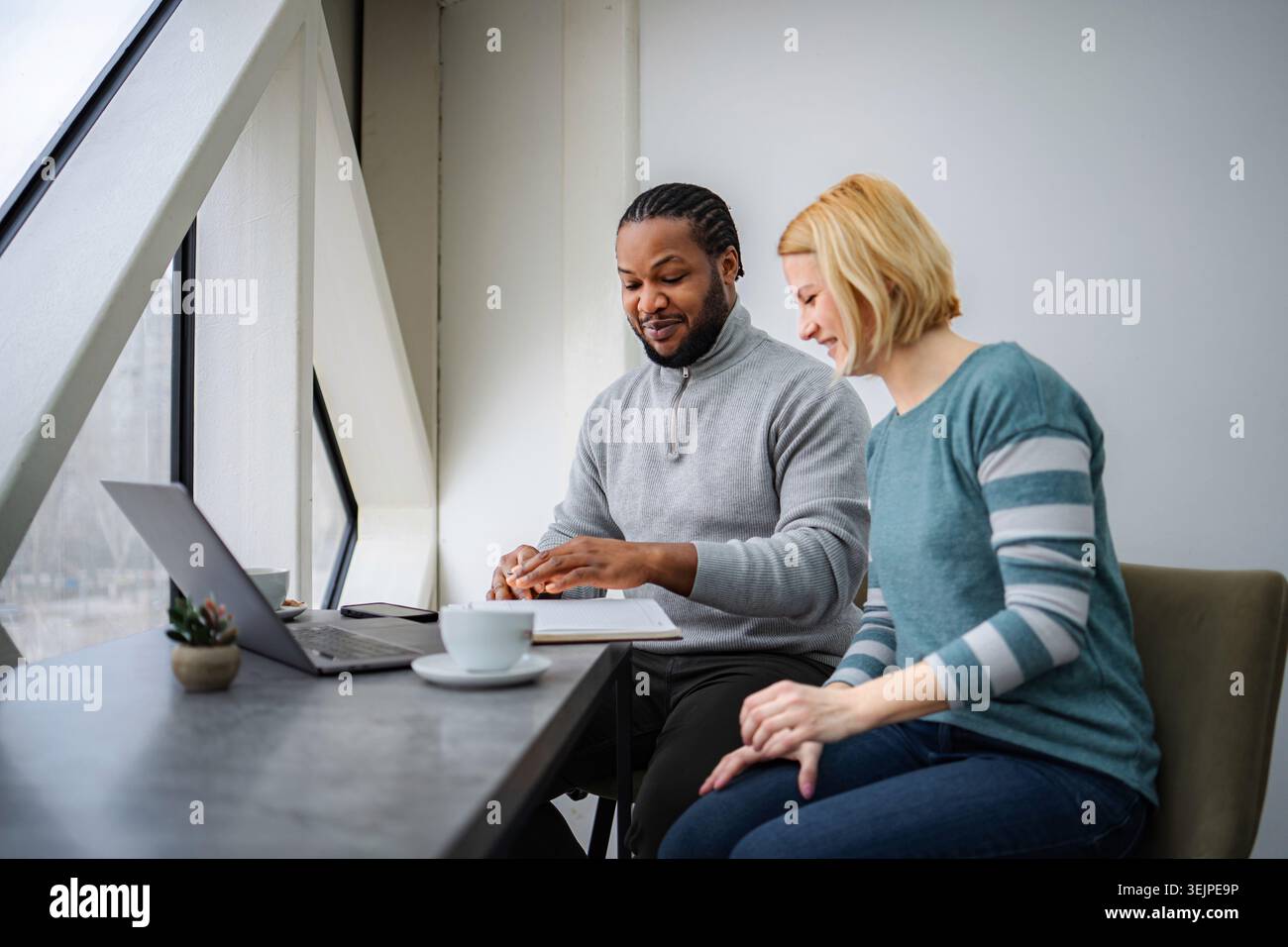 Two business partners collaborating on a laptop and notebook at a modern office Stock Photo